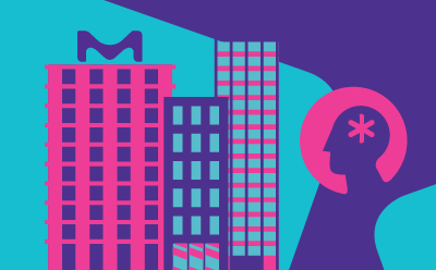 Colorful graphic of office buidling and a person's head.