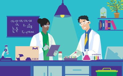 New Lab Start Up Two scientists in a bright laboratory stand at a cluttered workbench with lab gear, chemicals, and a chalkboard in the background.