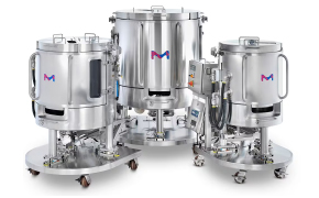 Mobius<sup>®</sup> Power MIX Three different sized stainless steel Mobius® Power MIX single-use mixers; medium on left, large in center, and small on right.