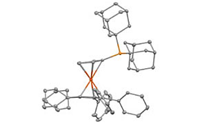 A 3D molecular model showing the structure of a complex organometallic compound. The model features gray spheres representing carbon atoms and orange lines indicating bonds to a central metal atom, likely phosphorus or a transition metal. The structure includes multiple aromatic rings and a cage-like ligand arrangement.