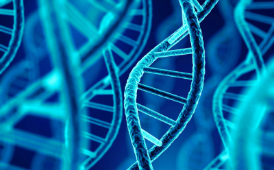 DNA double helix on a blue background.