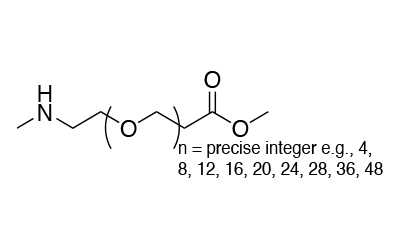 Structural diagram of a discrete PEG linker with an amine group on one end, an ester group on the other, and a precisely defined PEG chain length denoted by the integer n (e.g., 4 to 48 units).