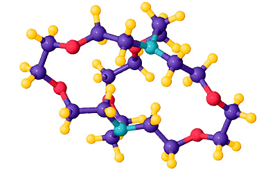 Molecular structure of Kryptofix® 222, featuring interconnected atoms with red oxygen, blue nitrogen, purple carbon, and turquoise hydrogen spheres.