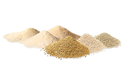 Powdered and granulated culture media for microbial growth and detection An arrangement of various types of powder and granules, including fine white flour-like substances and coarser grains, displayed in mounds on a white background.