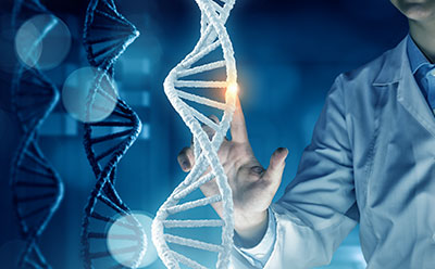 A scientist in a lab coat touches a glowing point on a 3D-rendered DNA double helix, symbolizing genetic research or biotechnology. Multiple DNA strands are visible in the background, with a blue, high-tech digital interface theme.