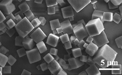 这张扫描电子显微镜（SEM）图像显示了密集排列的立方形PODS®晶体，标尺为5 µm。