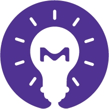 一幅紫色背景上的白色灯泡插图。灯泡中央有一个紫色的“M”字。灯泡周围有短小的白色线条，表明灯泡正亮着。