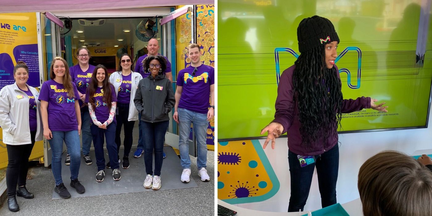 Curiosity Cube Volunteers Two images appear. On the left a group of SPARK volunteers stand outside the Curiosity Cube wearing purple SPARK t-shirts. On the right, there is an image of Danielle Chavis presenting to a group of kids in the Curiosity Cube.