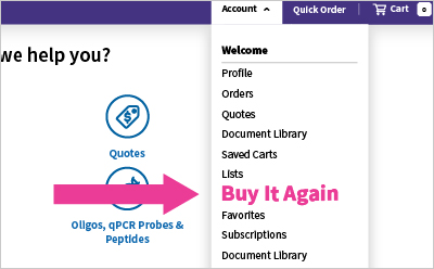 Buy It Again Account menu with the link to buy it again