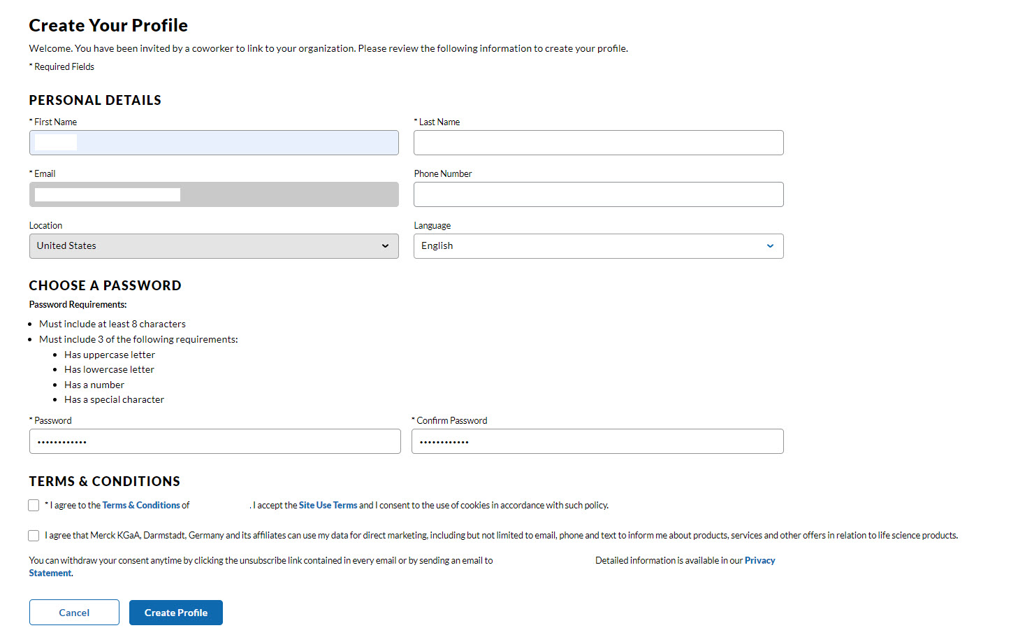 The invited co-worker is guided to a form and only needs to fill in their personal details and choose a password.