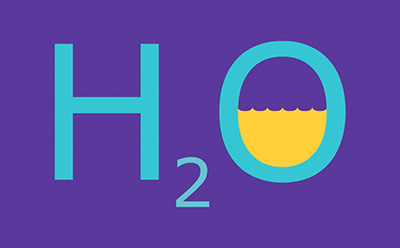 H2O sign in vibrant cyan on purple background, letter 'O' is half filled with yellow liquid.