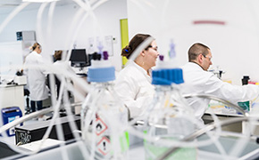 Biologic Process Development 분석 테스트 실험실에서 하얀 실험복을 입고 일하는 과학자들