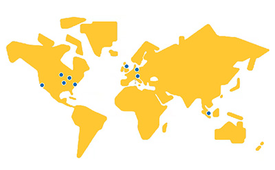 CDMO global site network map World map showing our CDMO global network of small-molecule manufacturing sites across North America, Europe, and Asia-Pacific