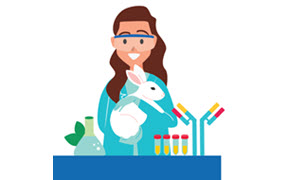 Sustainable Antibody Solutions 插图描绘了一位科学家在实验室里抱着一只白兔,站在实验台后方,实验台上摆放着试管等玻璃器皿,以及一幅象征可持续且符合伦理的抗体生产过程的抗体示意图。