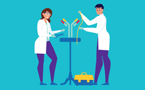 Tailored Solutions for Antibody Development 两名身穿白色实验服的科学家在青绿色背景前,正共同操作试管和实验室设备,生动展现了量身定制、协作式抗体研发的过程。