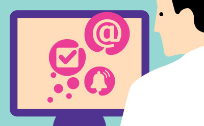 Stay always up to date with automatic email alerts for changes to dossers of your selected Emprove® products. Person in lab coat looking at a monitor with a light beige screen and pink icon showing the symbol @, a checkmark and a ringing bell.
