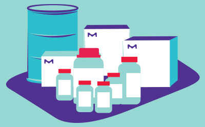 Multiple different sized container types such a bottles, boxes, and a barrel, standing on a purple space in front of a blue background.