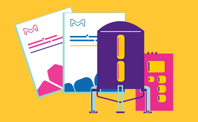 Purple bioreactor with pink control unit and documents in the background representing Emprove® Cell Culture Media use for upstream processing.