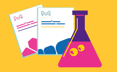 Purple flask with a pink liquid and documents in the background, representing the Emprove® Chemicals portfolio.