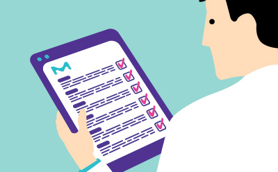 Person in a lab coat looking at a tablet screen with purple text and pink checkmarks; blue background.
