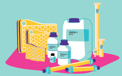 A chromatography product portfolio, including chromatography membranes, resin bottles, and columns arranged on a colorful background. The products are shown in various sizes and formats used in downstream process steps of pharmaceutical and biopharmaceutical manufacturing.
