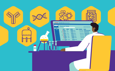 Person in lab coat sitting at a desk, looking at a monitor that shows the Emprove® Suite screen, with multiple Emprove® Dossiers listed. Background is blue and shows purple cell culture-related symbols in yellow boxes, such as a bioreactor, antibody, DNA strand, vial.