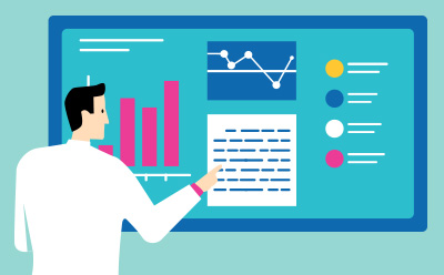 Improved process control with the Emprove® Program Person in lab coat in front of a screen showing data in the form of bar chart, line chart and text
