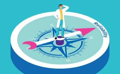 Person in a lab coat standing on large blue, white, and pink compass, with the arrow pointing towards the word “Reliability” and touching their head in a questioning way. Background is blue.