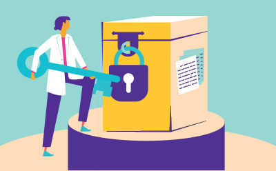 Secure access to extensive technical, supply, and regulatory information through the Emprove® Suite. Person in a lab coat with a giant cyan key standing in front of a yellow box with documents that’s locked with a giant purple lock.
