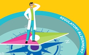 Image de style bande dessinée représentant un homme en blouse de laboratoire debout sur un compas géant pointant vers « l'harmonisation réglementaire ».