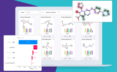 AIDDISON Explorer – Data AIDDISON software showing a de novo molecule design view with a grid of compound cards, molecular property bar charts, an explainability panel with feature contributions, and a 2D structure with activity heatmap overlay