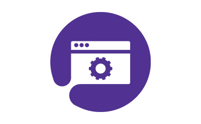 Lead Optimization icon Purple circle icon with browser window and gear