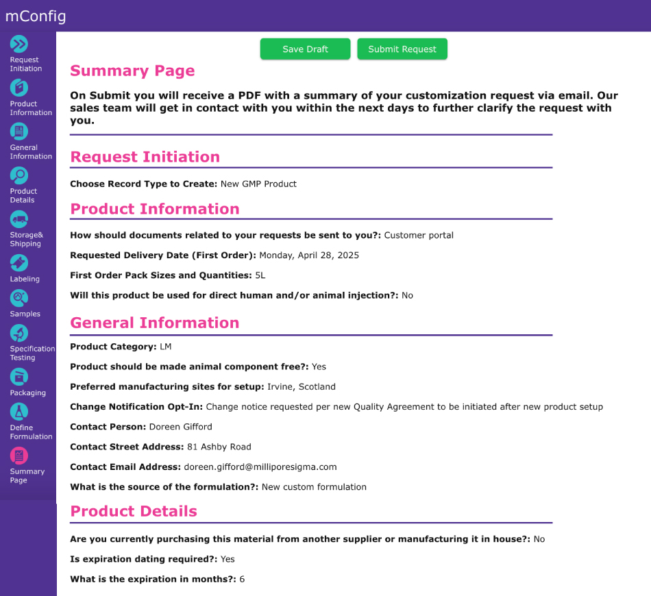 Screenshot of the mConfig™ Configurator’s Summary Page displaying a completed customization request form. It includes submitted details for Request Initiation, Product Information, General Information, and Product Details. Green buttons at the top allow the user to save a draft or submit the request. The summary includes inputs such as product type, delivery date, pack size, manufacturing site, contact details, and formulation source.