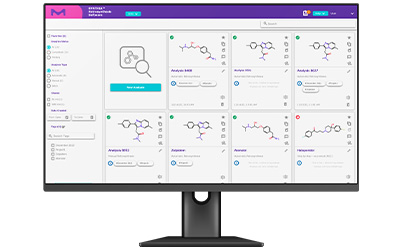 Computer monitor displaying a user interface from SYNTHIA™ Retrosynthesis Software with multiple pathways for chemical synthesis analysis.