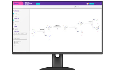Screen view of SYNTHIA™ Retrosynthesis Software showing a detailed pathway for chemical compound synthesis.