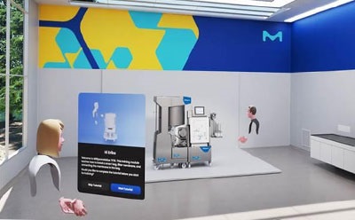 Virtual Reality Training A virtual reality training room featuring a modern laboratory setup with a prominent piece of equipment in the center. On the left, a digital avatar represents a user interacting with the environment. A floating information panel displays details about the equipment, while the walls are decorated with abstract patterns in blue and yellow, showcasing the M logo.