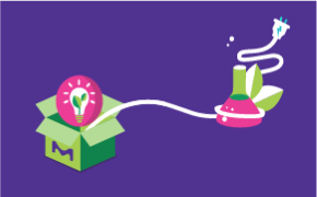 A graphic of an open package with a shining lightbulb coming out of it, filled with two leaves. An electrical plug is also coming out of the package to the side, and wraps around an Erlenmeyer flask with two leaves.
