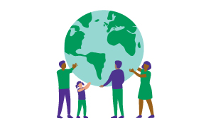 Sustainability_people with globe graphic Graphic with people supporting a globe