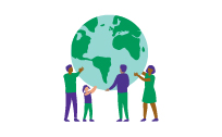 Sustainability_people with globe graphic Greener Alternative Products icon: a graphic designed earth with an arrow circling around the earth.
