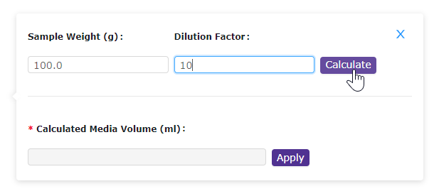 Enter the sample size (in gram) and the dilution factor. Enter the sample size (in gram) and the dilution factor.