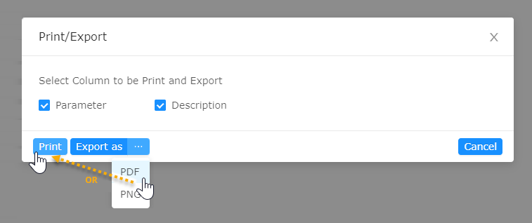 Select columns to display and choose PDF or PNG. Select columns to display and choose PDF or PNG.