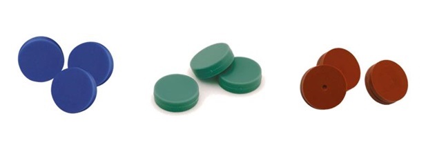 Common type of GC inlet septas Blue, green, and red GC inlet septa discs displayed in groups, representing different materials and temperature or application specifications.