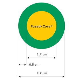 BIOshell™ IgG 1000 Å Columns A cross-sectional diagram of a particle shows a 2.7 µm diameter with a 1.7 µm solid core and a 0.5 µm porous shell, labeled as Fused-Core.