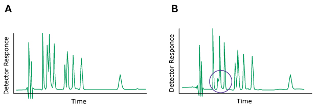  Two HPLC chromatograms labeled A and B, plotted with detector response on the y-axis and time on the x-axis. The chromatogram on the left (labeled A) displays normal peaks colored in green. In contrast, the chromatogram on the right (labeled B) exhibits green-colored peaks, with one of the peaks (circled in blue) of a different height.