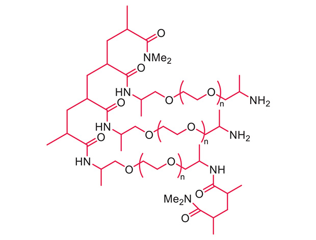 Structure of NovaGel™ resin Chemical structure diagram of NovaGel™ resin showing a branched polystyrene framework with multiple aromatic rings, linked through an amide bond to a polyethylene glycol (PEG) chain that terminates in a methoxy group (–OCH₃). An amine (–NH₂) substituent is also present on the aromatic backbone.