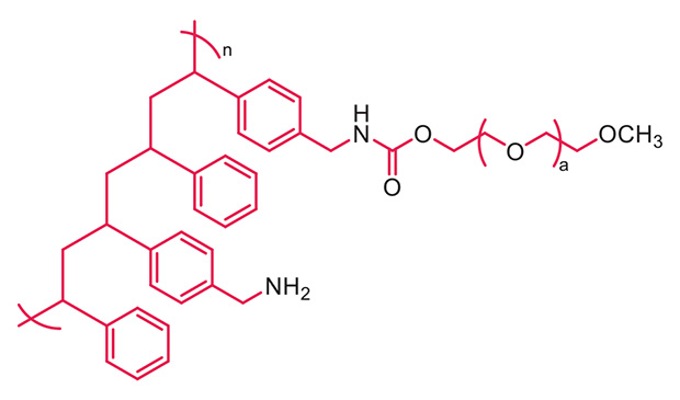 Structure of PEGA resin Chemical structure diagram of PEGA resin showing a branched polyamide core with multiple amide linkages connected to polyethylene glycol (PEG) chains, each terminating in primary amine groups (–NH₂). Several tertiary amide (NMe₂) substituents are visible on the structure.
