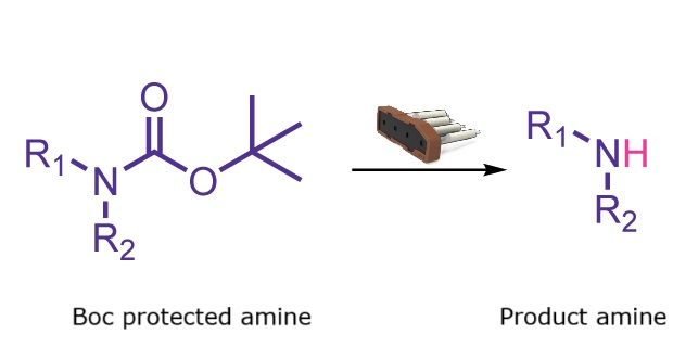 Reaction scheme depicting removal of a Boc protecting group from a Boc-protected amine to give the free amine.