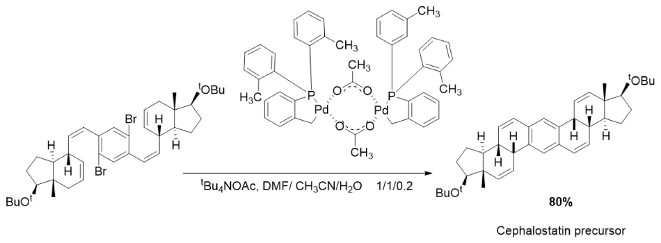 Figure 11 Reaction scheme illustrating the palladium-catalyzed coupling of a dibrominated steroidal substrate using a cataCXium® ligand-containing catalyst in the presence of tetrabutylammonium acetate.