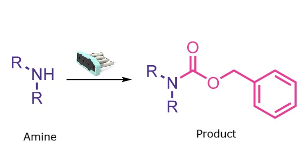 Reaction scheme showing formation of a Cbz-protected amine from a free amine and a benzyloxycarbonyl reagent.