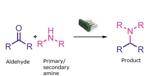 Reaction scheme showing aldehyde or ketone reacting with an amine to give a tertiary amine product.